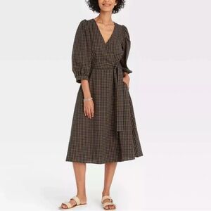 👗 A NEW DAY - Midi dress, mustard yellow & blue plaid. Size Small.